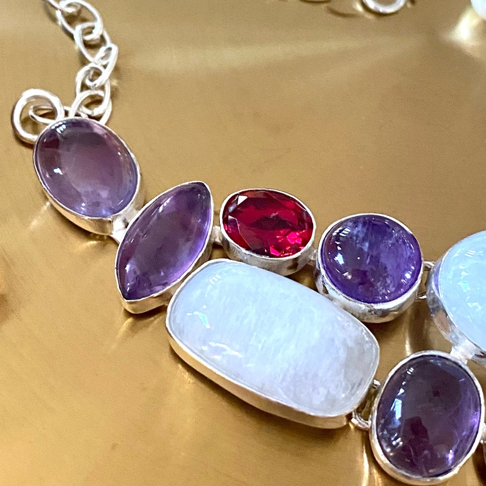 Rainbow Moonstone, Amethyst And Garnet Cluster Necklace - Picture 8 of 13